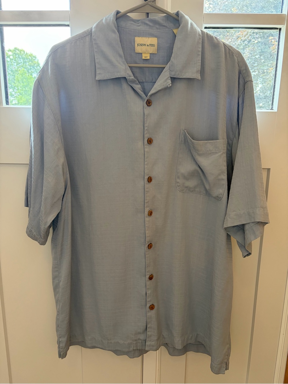 Joseph & Feiss Silk Shirt Light Blue Short-Sleeve Camp Collar Button-Down XLT